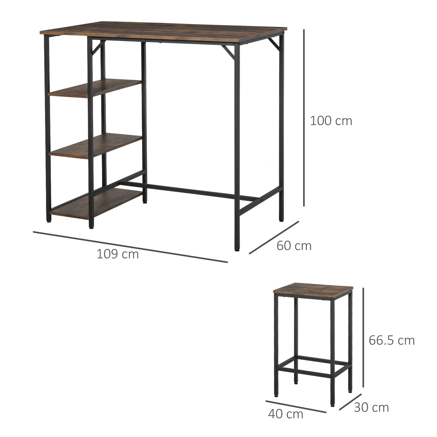 Industrial Style High Table Set with 2 Stools and Shelf in Metal and Wood, Modern Bar and Kitchen Furniture, Rustic Brown