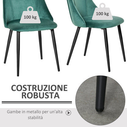 Set of 2 Modern Upholstered Dining Chairs with Upholstery and Backrest, Iron Legs for Kitchen, Living Room or Lounge in Modern Style, Green and Black, 50x56