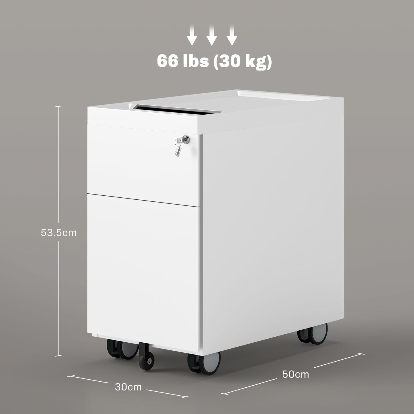 Office Filing Cabinet with 2 Drawers, Envelope Slot and Hanging Bar, Steel, 30x50x53.5 cm, White