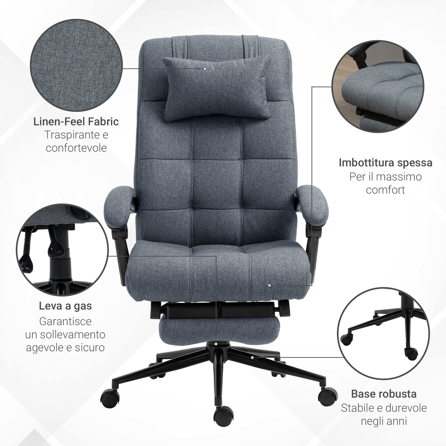 Ergonomic Reclining Office Chair, High Back Executive Chair, Office Chair with Headrest and Removable Footrest, 66x76x112-120cm, Grey