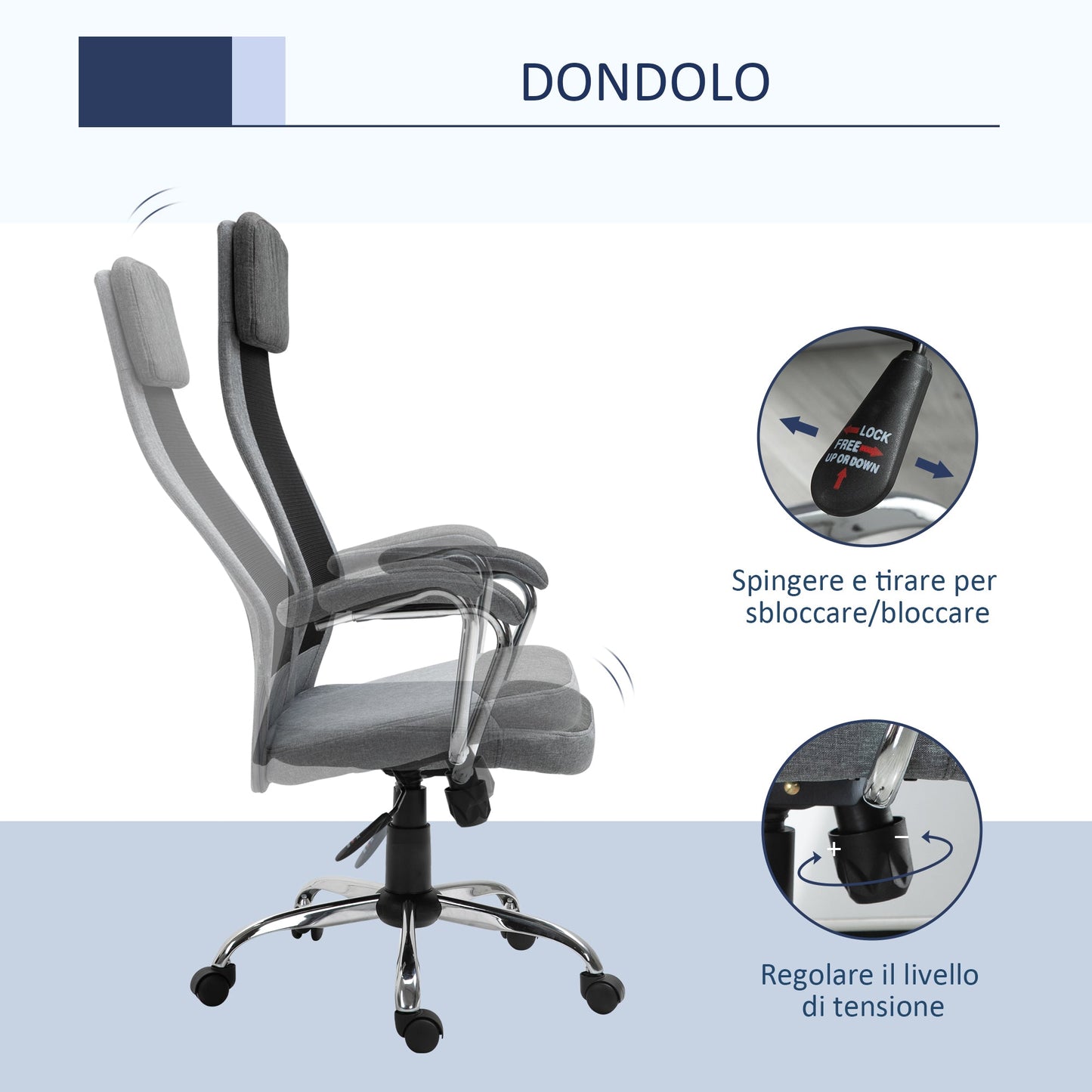 Ergonomic Swivel Office Chair, Adjustable Height and Rocking, Mesh Fabric Armchair 65x67x119-129cm Grey