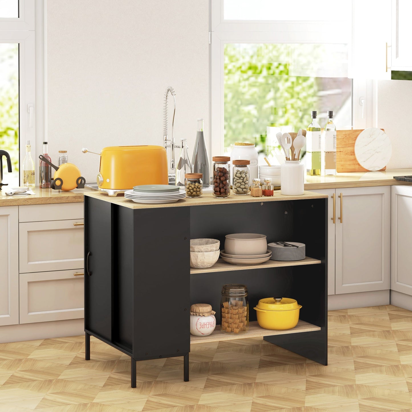 Kitchen Island with Shelves, Knife Holder and Sliding Door Cabinet, 14.5x70x90cm, Black