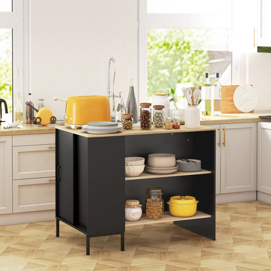 Kitchen Island with Shelves, Knife Holder and Sliding Door Cabinet, 14.5x70x90cm, Black