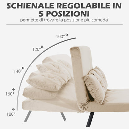 3-in-1 Velvet Fabric Sofa Bed with Adjustable Backrest and 2 Cushions, 102x73x81 cm, Beige