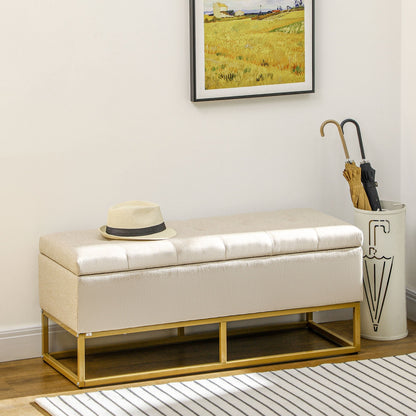 Quilted Polyester Storage Bench with Gold Steel Legs, 110x44x48cm, Beige