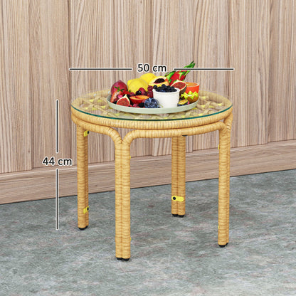 Round Rattan and Glass Garden Coffee Table in Boho Chic Style, Ø50x44 cm, Yellow