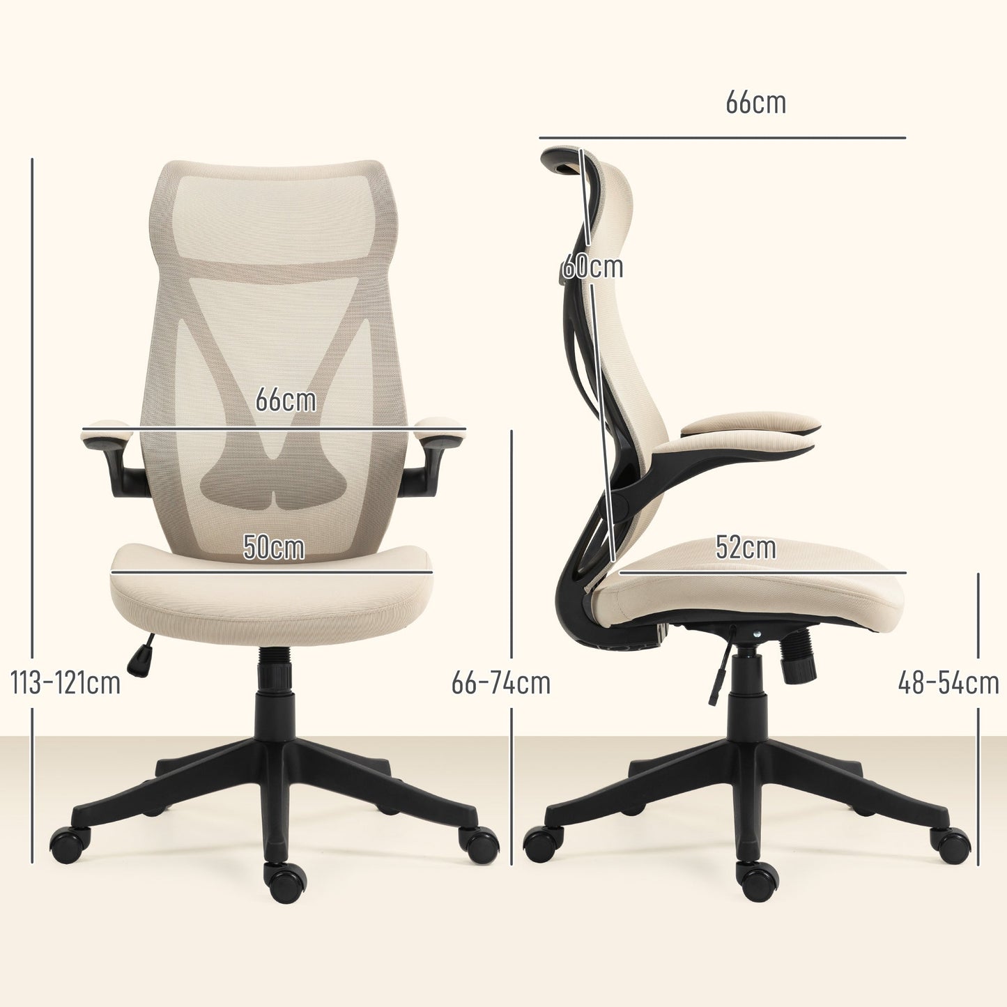Office Chair with Folding Armrests, Adjustable Height and Reclining Backrest, Beige