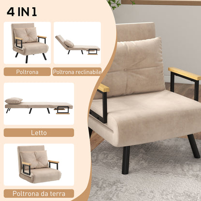 3-in-1 Reclining Armchair with Cushion, Velvet Fabric, 63x73x81 cm, Beige