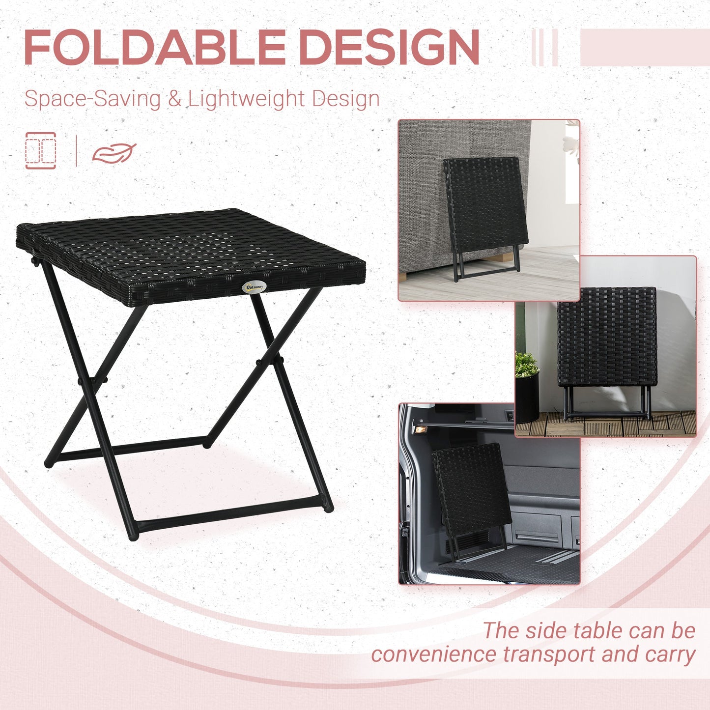 Space-Saving Folding Garden Table in Synthetic Rattan and Steel, 40x40x40cm, Black