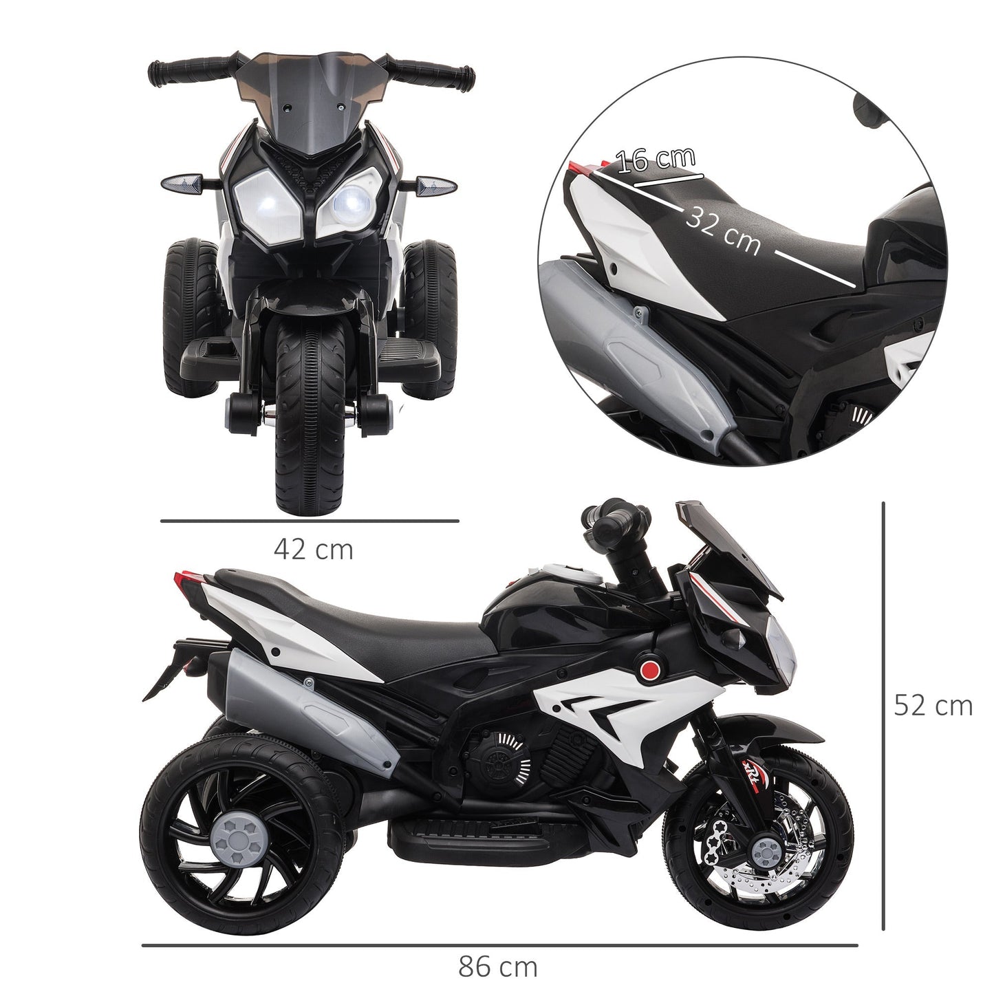 Electric Motorcycle for Children 3-5 Years Max. 25kg with Lights, Music, 6V Battery and 3km/h Speed, 86cm x 42cm x 52cm Black