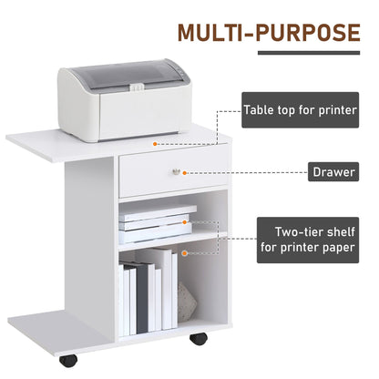 Wooden Printer Cabinet with 4 Wheels, Adjustable Shelf and CPU Tray, White