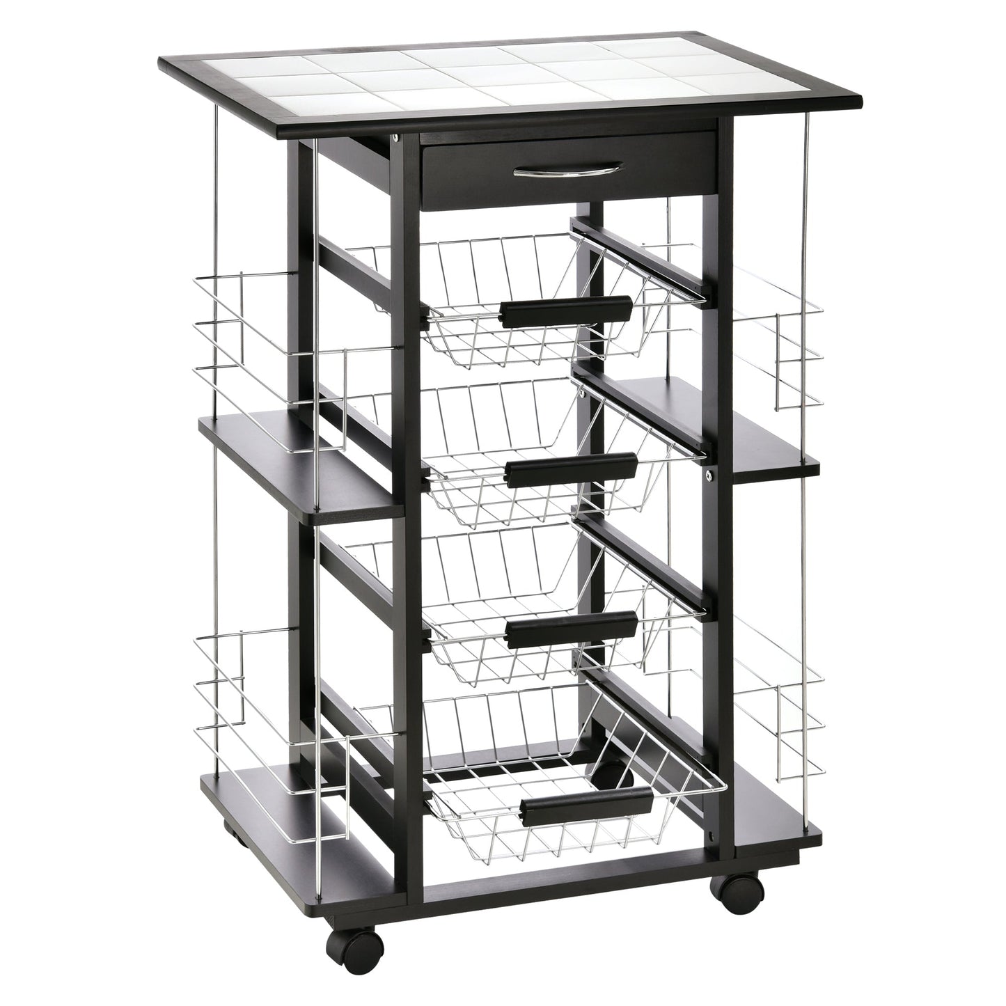 Kitchen Trolley with Drawer, 4 Pull-Out Fruit Baskets and Ceramic Top, Space-Saving Kitchen Cart with 4 Side Shelves in Pine Wood and Metal, 57x37x83 cm, Black