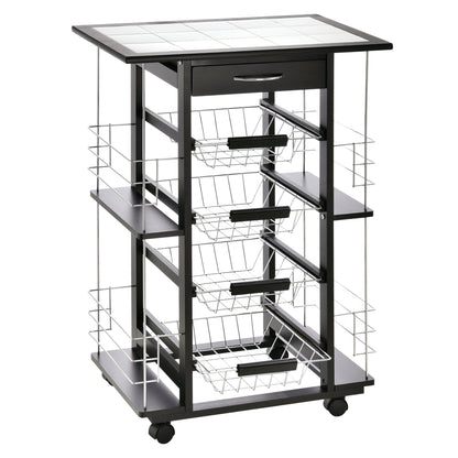 Kitchen Trolley with Drawer, 4 Pull-Out Fruit Baskets and Ceramic Top, Space-Saving Kitchen Cart with 4 Side Shelves in Pine Wood and Metal, 57x37x83 cm, Black