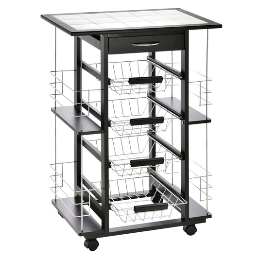 Kitchen Trolley with Drawer, 4 Pull-Out Fruit Baskets and Ceramic Top, Space-Saving Kitchen Cart with 4 Side Shelves in Pine Wood and Metal, 57x37x83 cm, Black