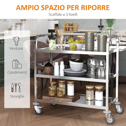 Restaurant / Hotel Kitchen Cart 3 Open Shelves 4 Omnidirectional Wheels with 2 Brakes Anti-Collision Bearings 430 Stainless Steel Silver 85x45x90cm