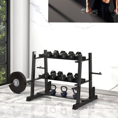 SportNow rack for steel dumbbells with 4 adjustable weights for weights and kettlebell, 131x75x80 cm, black