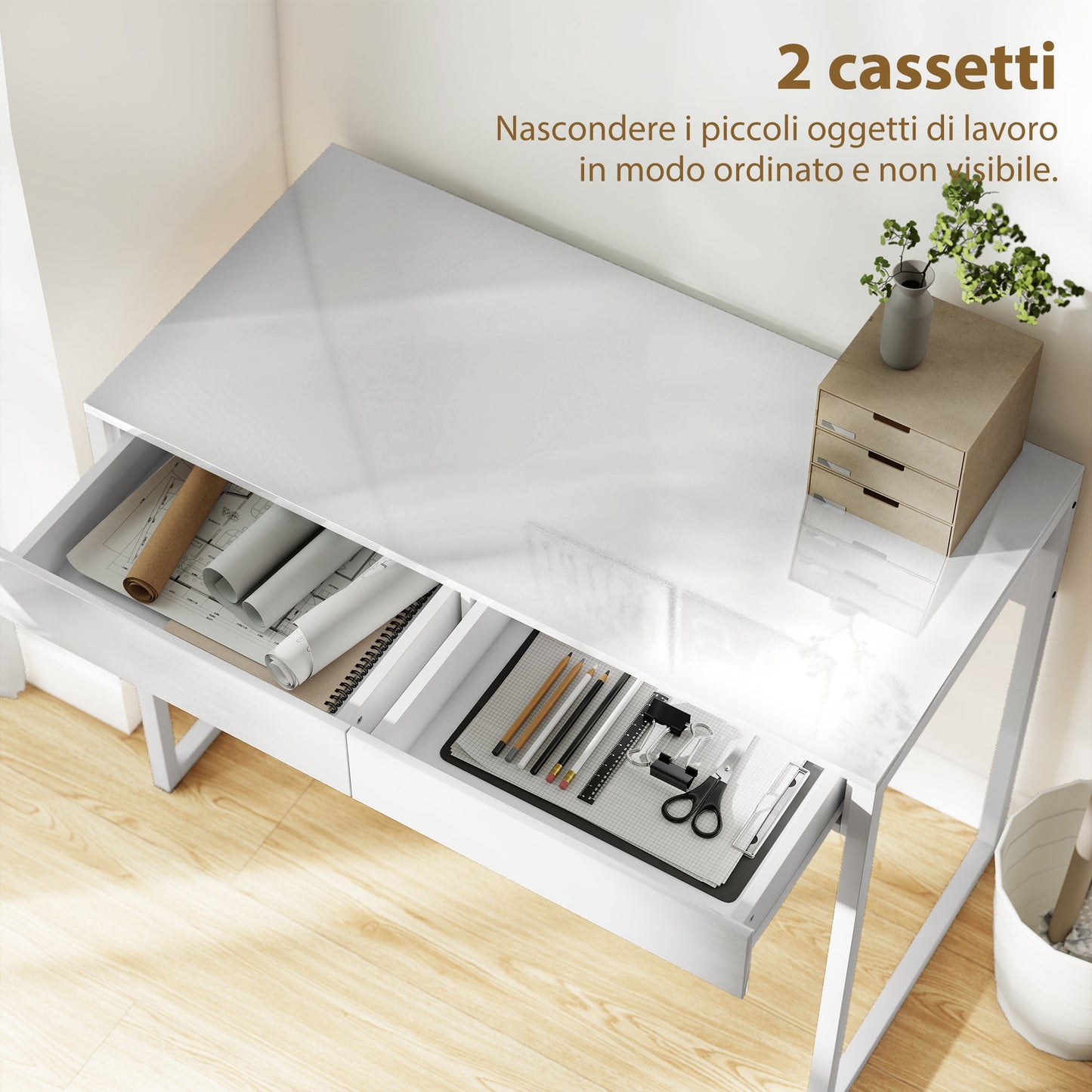 Modern Desk with 2 Drawers and Steel Legs, 100x50x75 cm, Gloss White