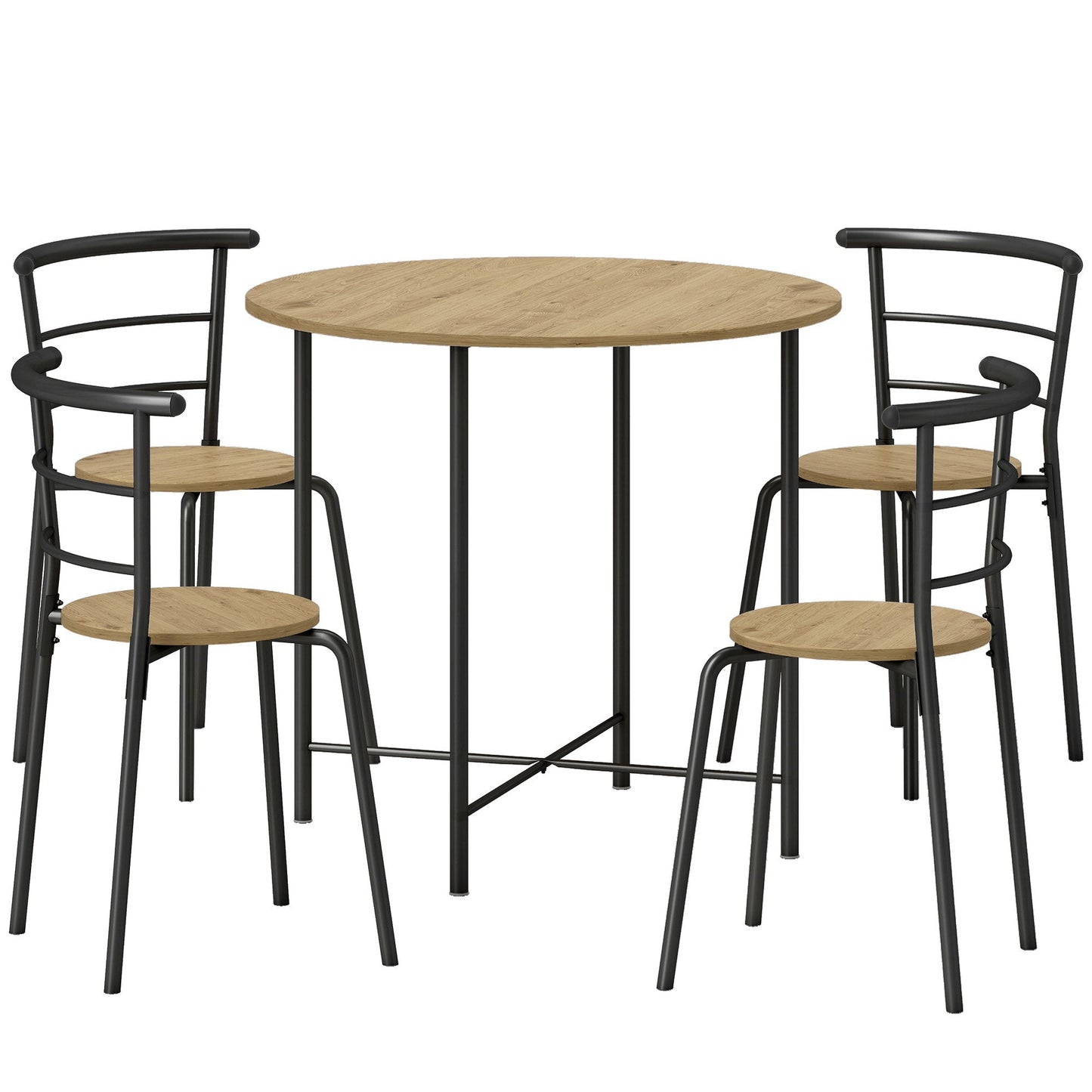 Round Dining Table Set with 4 Space-Saving Chairs in Wood and Metal, Industrial Style