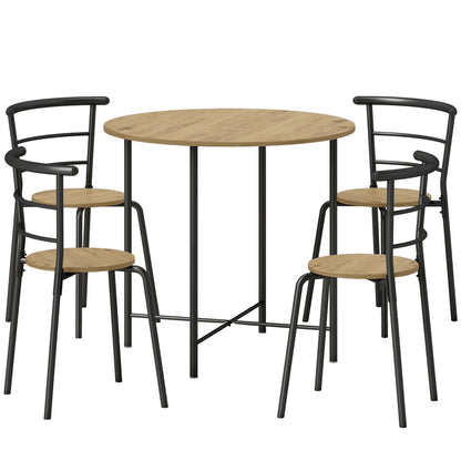 Round Dining Table Set with 4 Space-Saving Chairs in Wood and Metal, Industrial Style