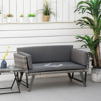 2 Seater Rattan Garden Sofa with Padding and Folding Armrests, 129x63x67cm, Grey