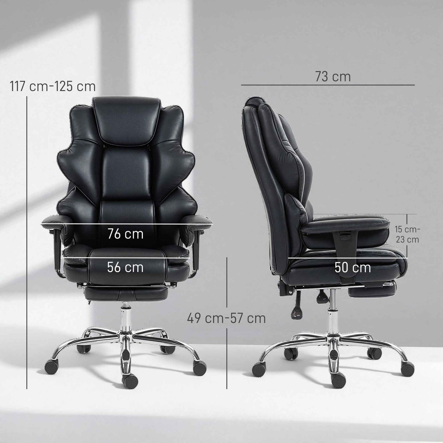 Office Chair with Footrest and Headrest, PU Leather, Foam and Metal, 76x73x117-125 cm, Black