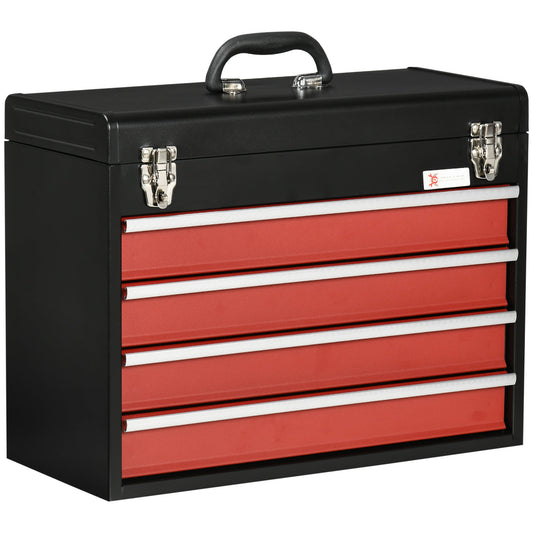 Steel Tool Box with 4 Drawers and Top Tray, 51x22x39.5 cm, Red and Black