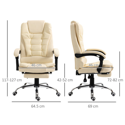 White Faux Leather Presidential Chair with 145° Reclining Backrest and Footrest, 64.5x69x109-117 cm