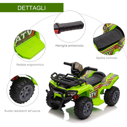 Quad electric for children with 6V rechargeable battery, accelerator button, age 18-36 months, 70x42x45cm, green