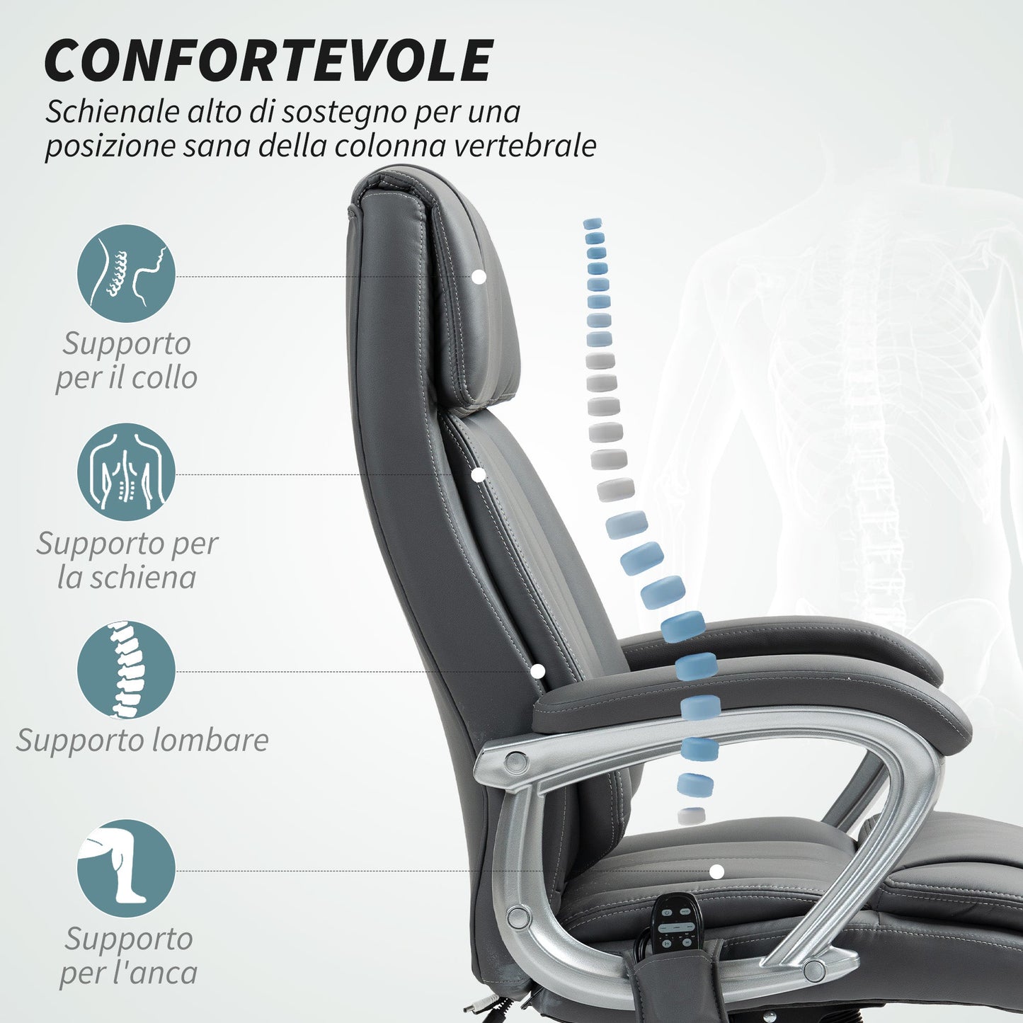 6-Point Massage Office Chair with Reclining Function, PU Leather and Steel, 66x72x113-121 cm, Carbon Grey