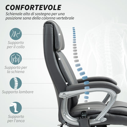 6-Point Massage Office Chair with Reclining Function, PU Leather and Steel, 66x72x113-121 cm, Carbon Grey