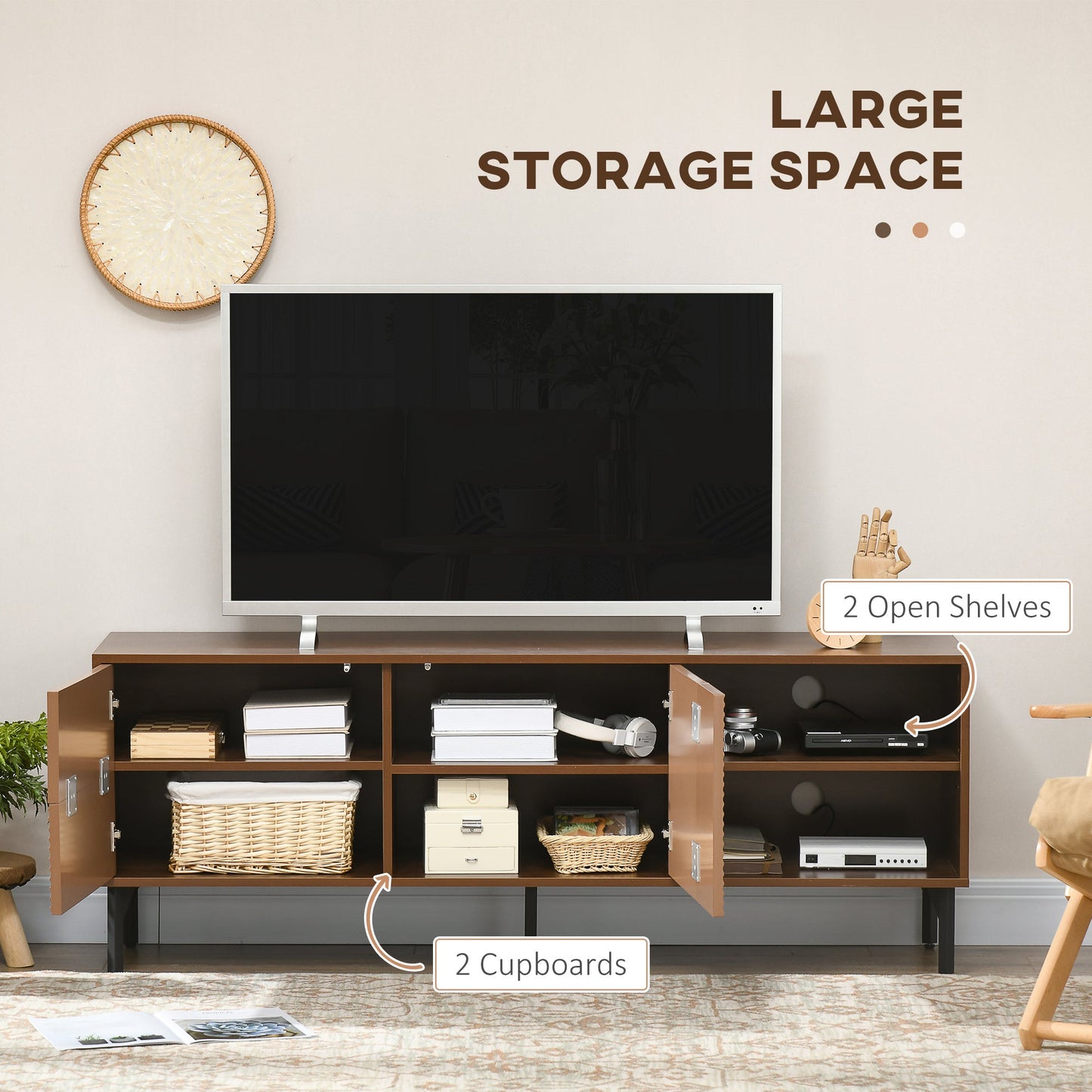 TV Cabinet up to 65" with 2 Cabinets and 2 Open Wooden Compartments, 150x40x56cm, Brown