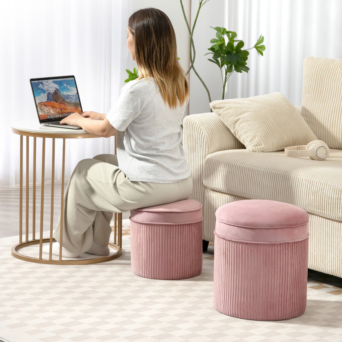Set of 2 Round Stackable Upholstered Footstools with Velvet Upholstery, 34.8L Storage, Pink