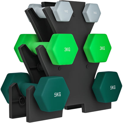 18kg Total Hex Weight Kit with Stand Included, in Steel, Metal and Plastic, Multicolored