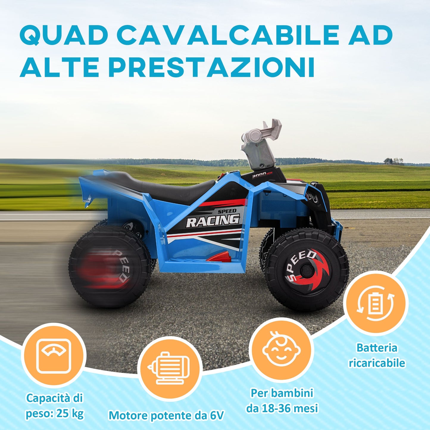 Quad Bike for Children 18-36 Months in PP and Metal, Max Speed 2.5 km/h, 70x41.5x48.5 cm, Blue Grey and Black