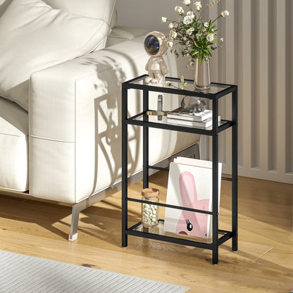 Compact 3-Shelf Coffee Table in Glass and Steel, 40x18x62 cm, Black