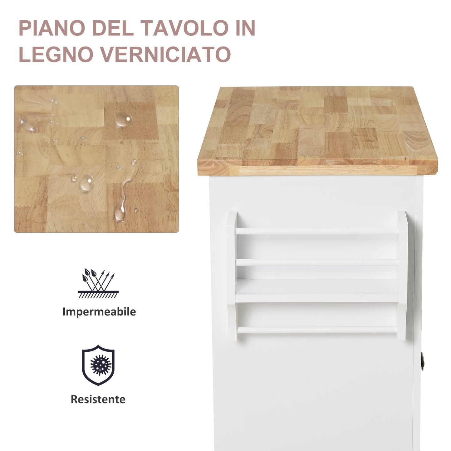 Kitchen Trolley with 2 Drawers and 2 Cabinets, Kitchen Island with Wooden Top, Spice Rack and Tea Towel Holder, White