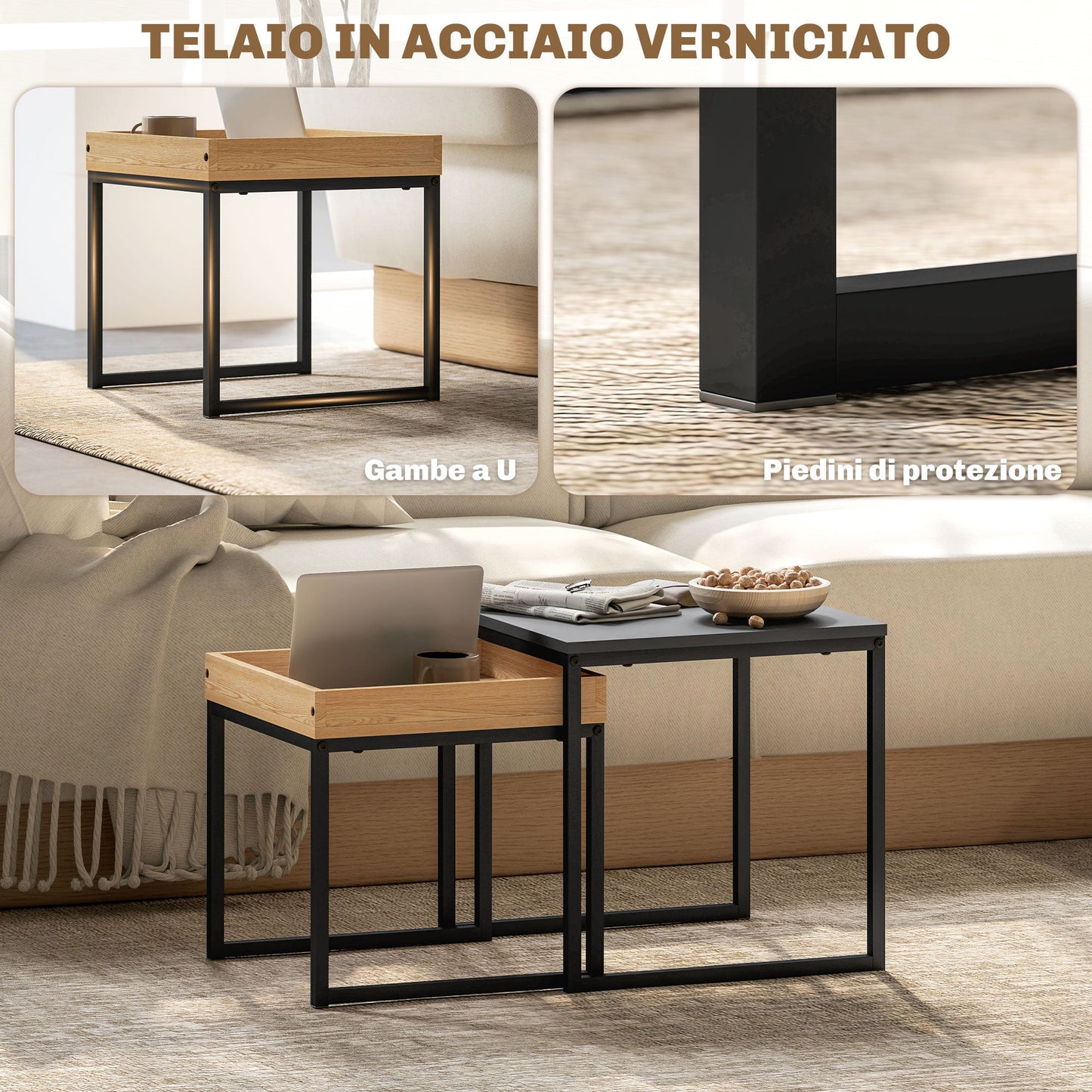 Set of 2 Modern Coffee Tables with U-Shaped Legs, Wood and Steel, 45x45x45 cm and 40x40x40 cm, Black