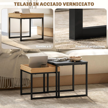 Set of 2 Modern Coffee Tables with U-Shaped Legs, Wood and Steel, 45x45x45 cm and 40x40x40 cm, Black