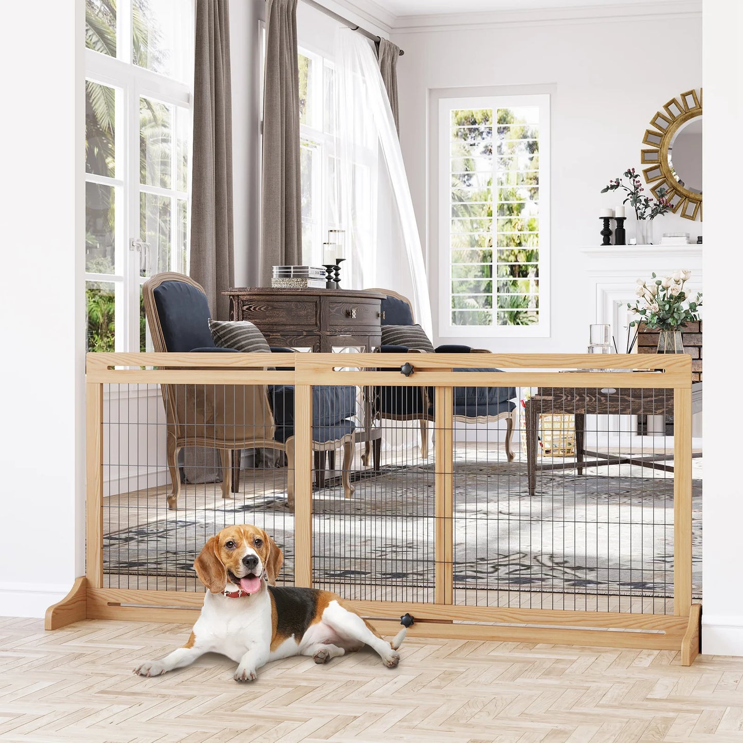 Extendable Indoor Dog Gate in Pine Wood with Steel Wires