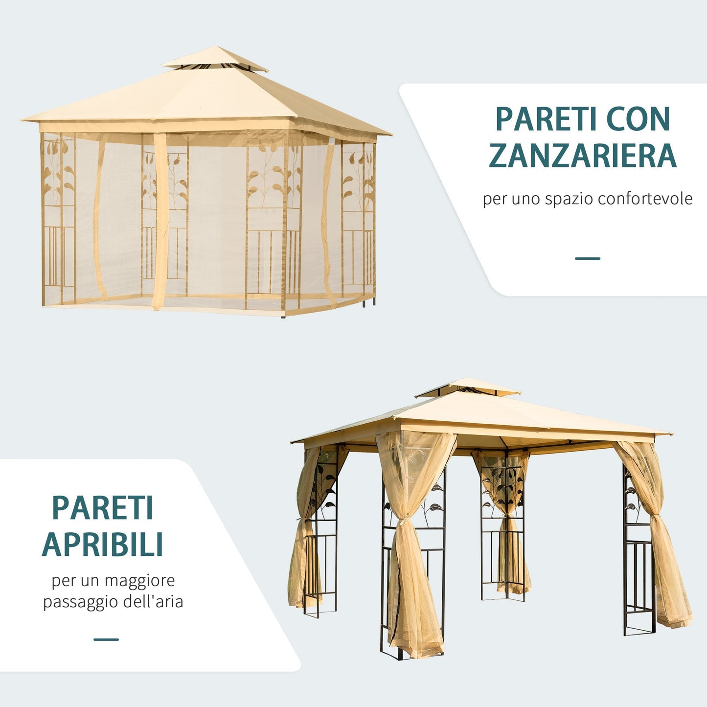 Garden Gazebo 3x3m with Mosquito Net, Steel Frame and Double Roof, Beige