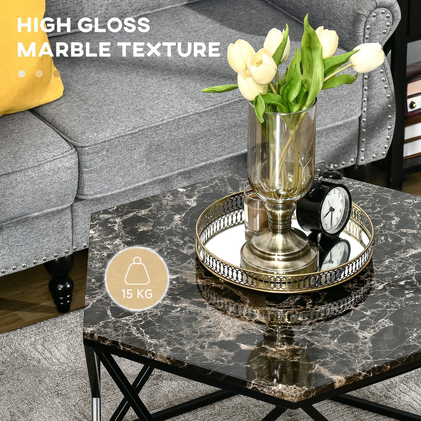 Modern Living Room Table with Marble Effect and MDF and steel structure, 81x70x51.2 cm, Black