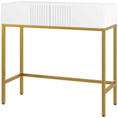 Modern Entryway Console Table with 2 Drawers and Golden Legs, 80x31.5x75cm, White