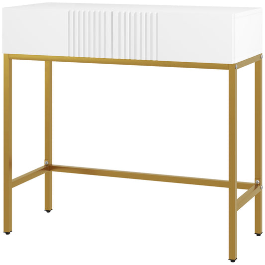 Modern Entryway Console Table with 2 Drawers and Golden Legs, 80x31.5x75cm, White