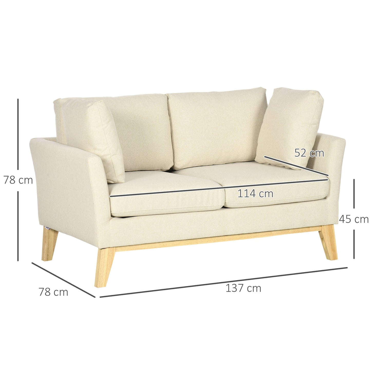 2-Seater Sofa in Eucalyptus Wood and Linen-Effect Fabric with 2 Cushions, 137x78x78 cm, Beige
