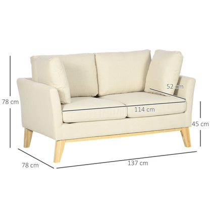 2-Seater Sofa in Eucalyptus Wood and Linen-Effect Fabric with 2 Cushions, 137x78x78 cm, Beige
