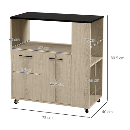Kitchen Trolley with Open Shelf, 2-Door Cabinet and Side Shelf, 75x40x80.5 cm