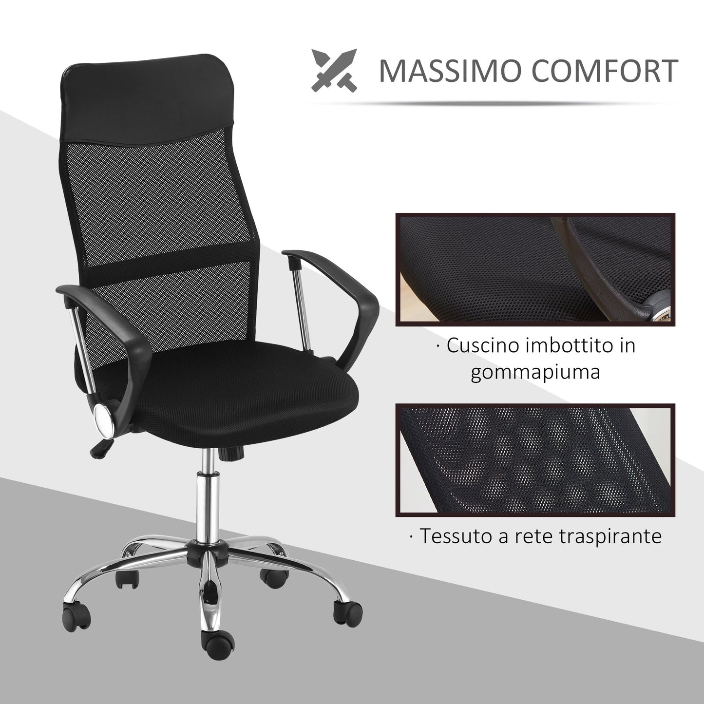 Ergonomic Office Chair Swivel and Rocking with Wheels, Adjustable Height and Mesh Backrest, 63x65x109-119 cm, Black