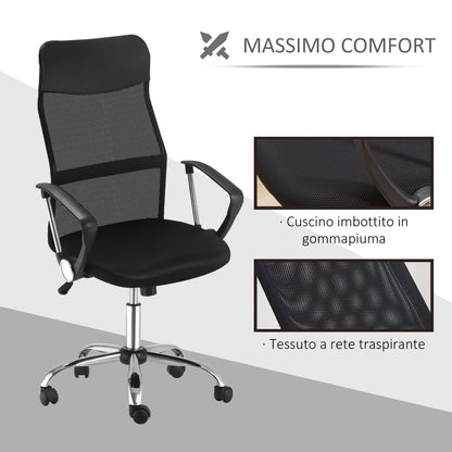 Ergonomic Office Chair Swivel and Rocking with Wheels, Adjustable Height and Mesh Backrest, 63x65x109-119 cm, Black