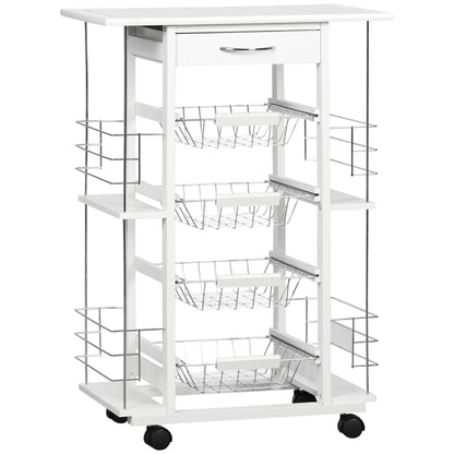 Kitchen Trolley with Drawer, 4 Baskets and 4 Shelves, in Metal, Ceramic and Wood, 57x37x83 cm, White