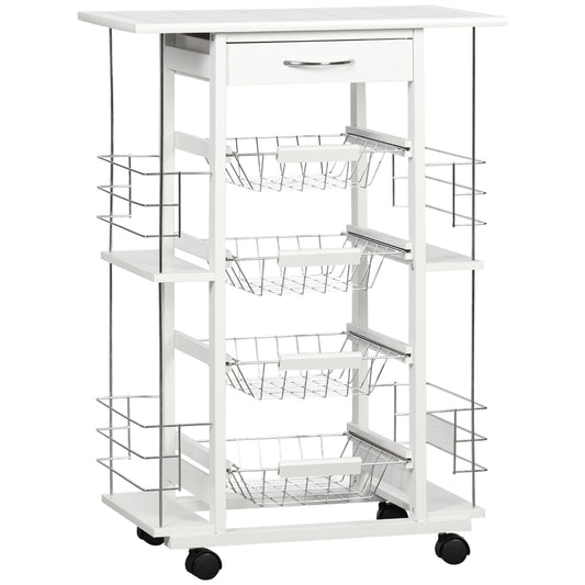 Kitchen Trolley with Drawer, 4 Baskets and 4 Shelves, in Metal, Ceramic and Wood, 57x37x83 cm, White